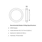 Technical specifications for the Clixbeetle-GX rubber O-rings, with dimensions labeled I.D, and t, plus a list of recommended specifications including EPDM rubber, Hardness 70 Durometer, inside diameter 10.77mm, t section 2.62mm.