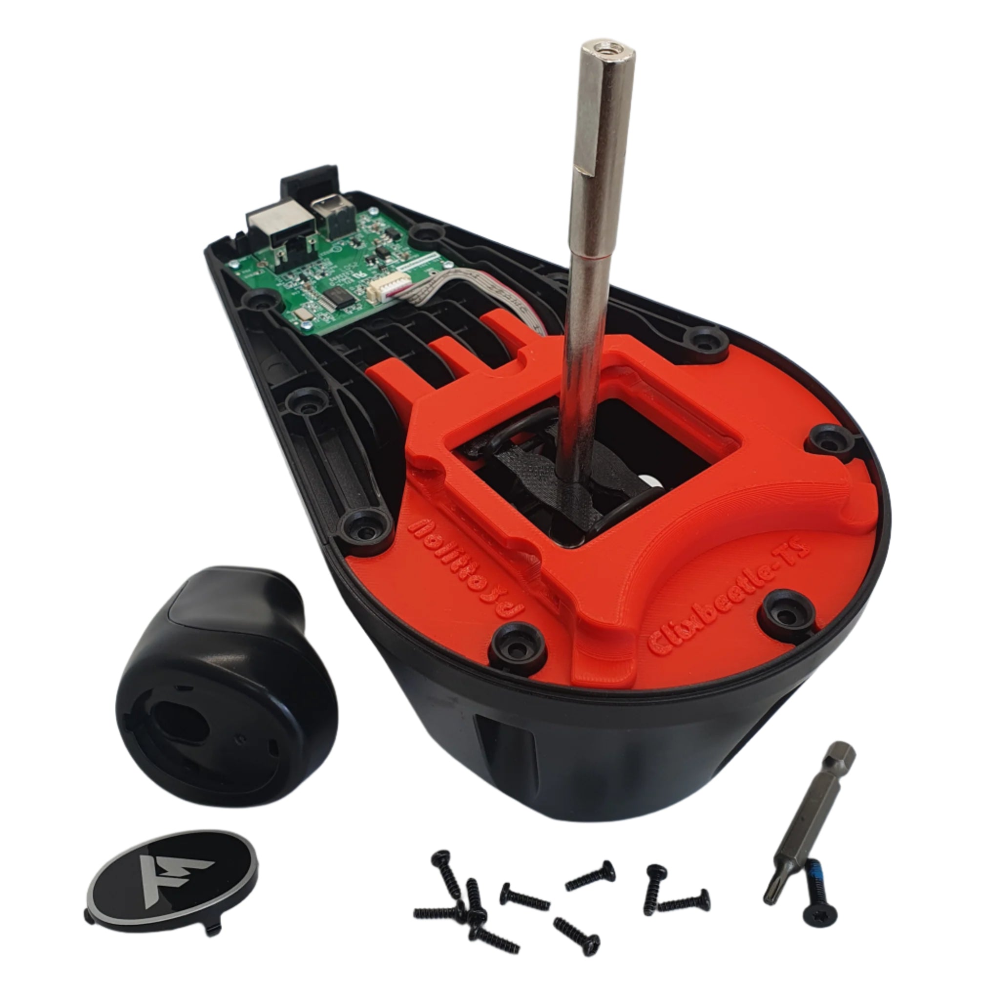 Installation of the Clixbeetle-TS mod showing the Thrustmaster TH8S top cover removed