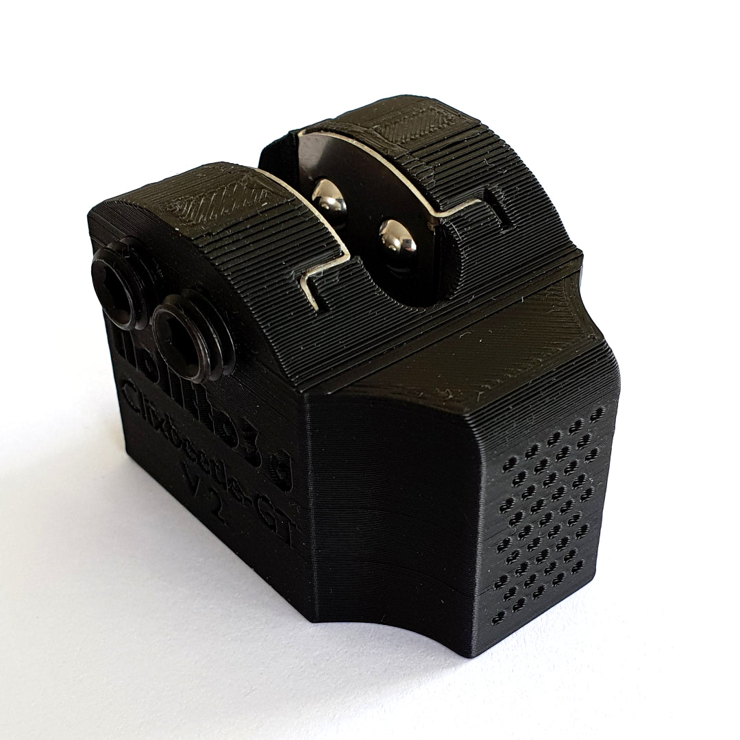 Detailed view of the Clixbeetle-GT V2 featuring laser-cut stainless steel plate inserts and Premium PLA+ printed base